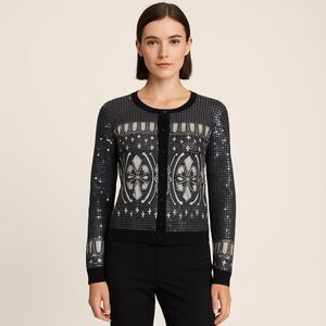 Revolve Tory Burch Black and Silver Sequin Cardigan Sweater Size M
